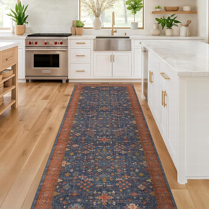 Navy Blue Runner Rug 2x5 for Hallway, Kitchen, Bathroom, Mudroom, Laundry Room, Washable Non Slip Non Skid Rubber Backing Low Pile Stain Resistance