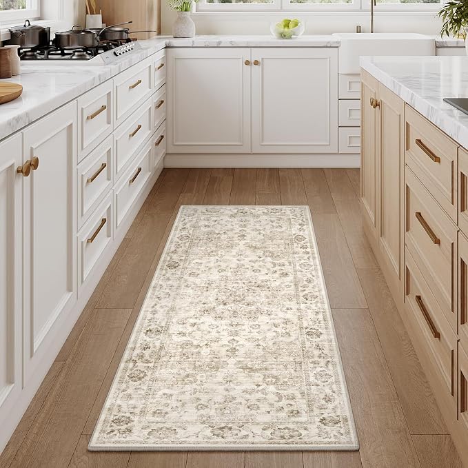 2x6 Beige Neutral Runner Rug | Washable, Non Slip, Soft Low Pile, Vintage Farmhouse, for Hallway Kitchen Laundry Bathroom Bedroom Living Room Home Decor