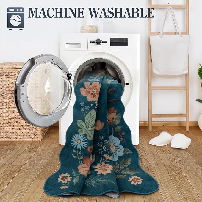 Lahome Floral Kitchen Runner Non-Slip, 2X6 Soft Washable Hallway Runner Rug | Ultra-Thin Stain Resistant Boho Laundry Room Rug Low-Pile Carpet for Bathroom Entryway Bedroom Flore, Navy Blue
