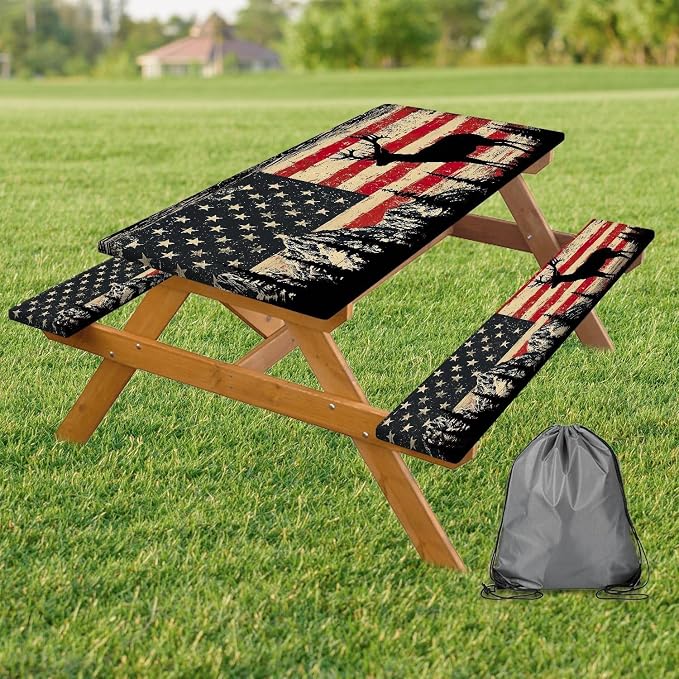 Picnic Table Cover with Bench Covers Elastic Edges, Rustic Farmhouse American Flag Camper Fitted Table Cover, Outdoor Camping Essentials, Waterproof Camping Tablecloth with Drawstring Bag, 72In 3PCS