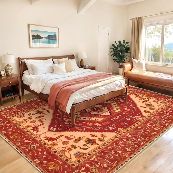 SERISSA 8x10 Washable Non Slip Boho Area Rug for Living Room，Red | Ultra Soft Vintage Oriental Carpet Low-Pile Distressed Tribal Throw Carpet for Dining Room Bedroom Dorm Office Home Decor