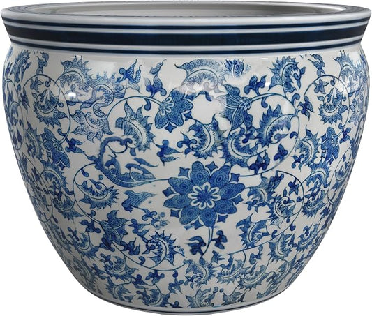 Red Lantern 12" Floral Blue & White Porcelain Fishbowl Planter or Cachepot for Indoor/Outdoor Use in Garden Entryway Living Room Boho Eclectic Modern Contemporary Classic Traditional Style Decor