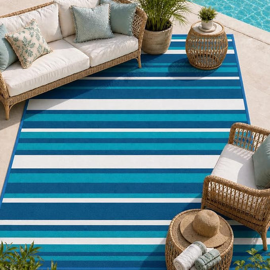 Outdoor Rug Camping Essentials - 4x6 FT Outdoor Plastic Straw Rug for Patio Clearance, Waterproof RV Essentials Outside Area Rug for Deck Garden, Backyard Patio Furniture Set, Blue White