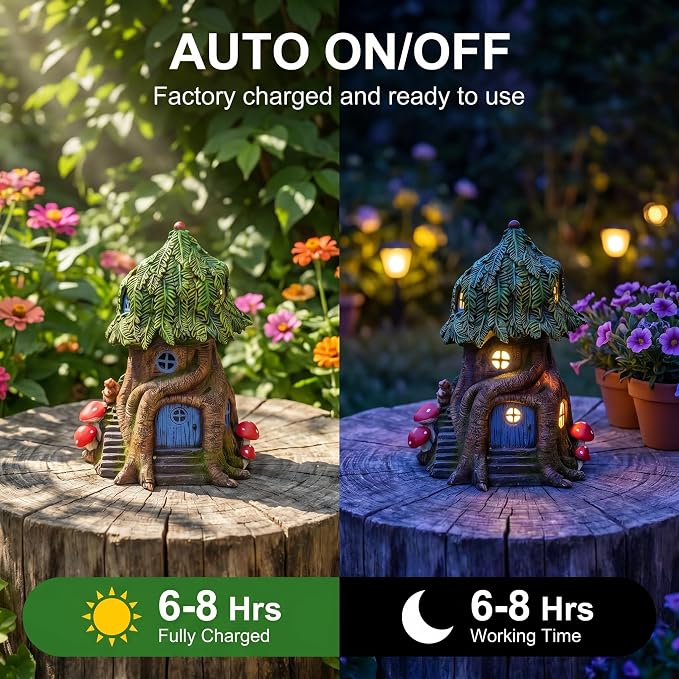 COWOS Solar Light Fairy Tree House, Fairy Garden House Statues, Tree House Figurines with Solar Light for Indoor Outdoor Art Decorations, Patio Yard Lawn Ornaments Gift