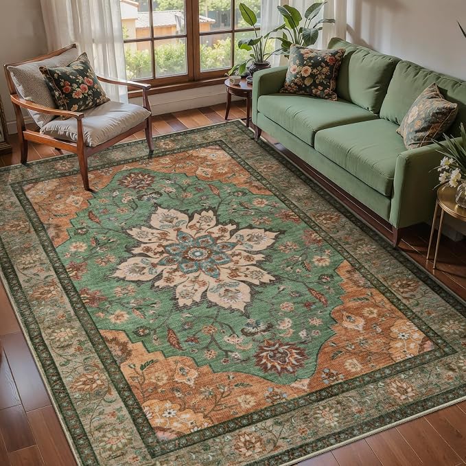 Tangsoo Vintage 4x6 Washable Area Rug for Living Room, Indoor Non Slip Rug | Farmhouse Indoor Large Rug Carpet, Boho Oriental Soft Low Pile Foldable Floor 4x6 Rug for Dining Room Bedroom Dorm Home Decor