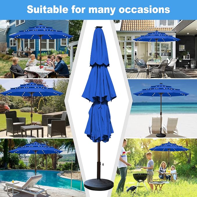 Eurmax USA 10-Year-Non-Fading 10FT 3-Tier Outdoor Patio Market Umbrella with LED Lights,UPF50+ UV Resistant,Commercial Grade,Crank Lift Design,Windproof Vented Top for Garden,Pool,Deck,Pacific Blue