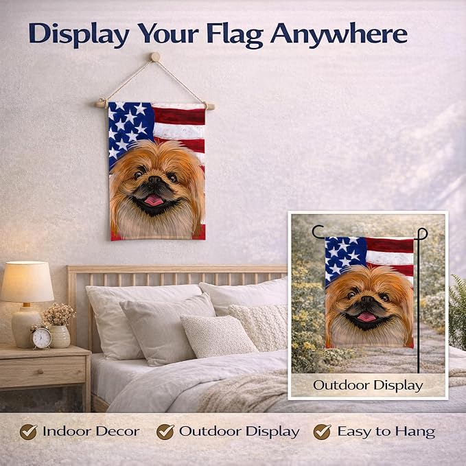 Caroline's Treasures CK6639GF Pekingese Dog American Flag Garden Flag Mailbox Flag Decorative Yard Flag Banner Outside Patio Artwork Yard Flower Beds, Garden Size, Multicolor
