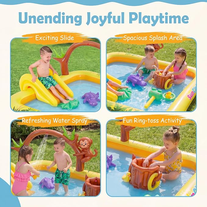 GLACER Kiddie Pool with Slide, Baby Pool with 11 Jungle Animal Toys | Inflatable Play Center with Arch Sprinkler, Repair Patches, PVC Outdoor Toddler Splash Pad for Backyard, Garden and Poolside