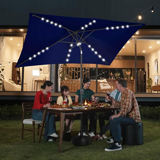 6.5x10 FT LED Lighted Rectangular Solar Patio Umbrella, Rectangular Solar Umbrella Outdoor with Center Ring Light 28 LED Lights, Rectangle Table Umbrella for Deck, Yard, Pool (Navy Blue)