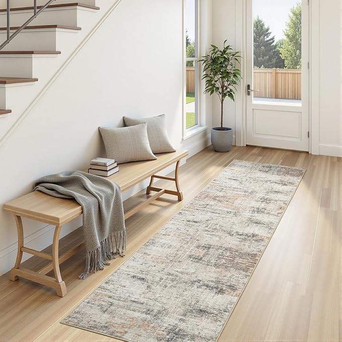 2X10 Area Rug for Hallways, Gold Abstract Washable Non-Slip Runner Rugs | Low Pile Runner Rugs, Soft Carpet for Kitchen Bathroom Bedroom Laundry, Stain Resistant Foldable Non-Shedding Distressed Rug