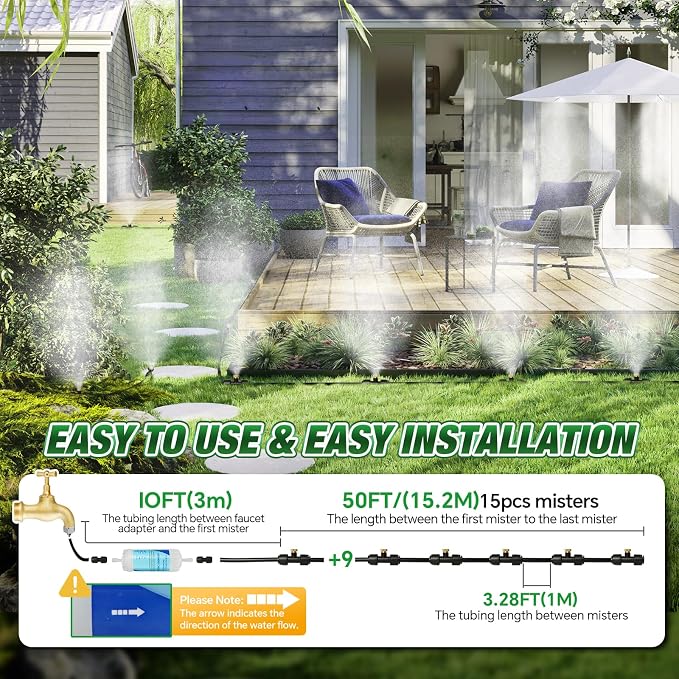 Joyhalo Misters for Outside Patio, Garden Misting System for Cooling Outdoor,50FT Misting Line,17 Mist Nozzles,Water Filter,Brass Adapter(3/4"), Outdoor Misters for Patio, Garden and Greenhouse