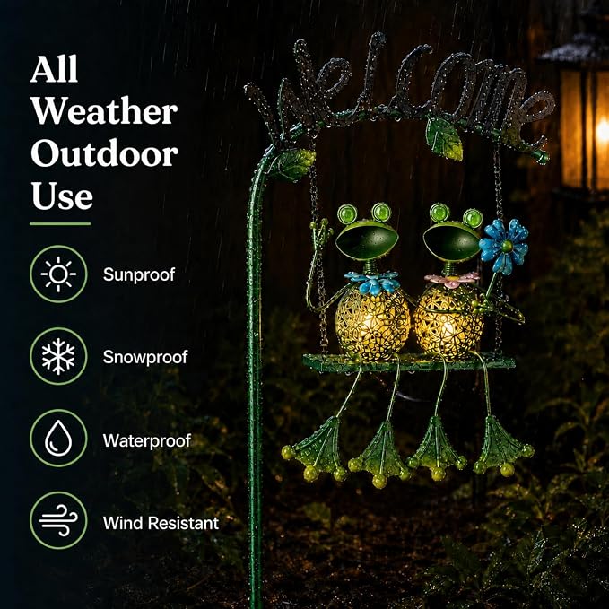 Solar Frog Garden Stake Lights Outdoor Waterproof, Frog Couple Swing Yard Light with Welcome Sign, Metal Garden Decor for Yard Pathway Porch, Garden Stake Light Gift for Women Mom (48 Inch)