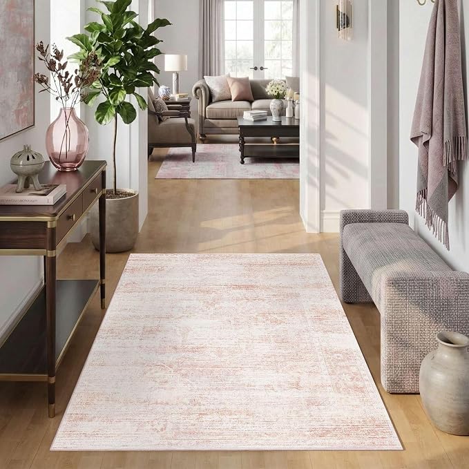 Latte&Fog Pink 4x6 Area Rug for Entryway, Vintage Washable Cute Small Rugs | for Girls Bedroom Dining Kitchen Kids Playroom Nursery Classroom Dorm Farmhouse Office, Non Slip Low Pile Soft Floral Carpet