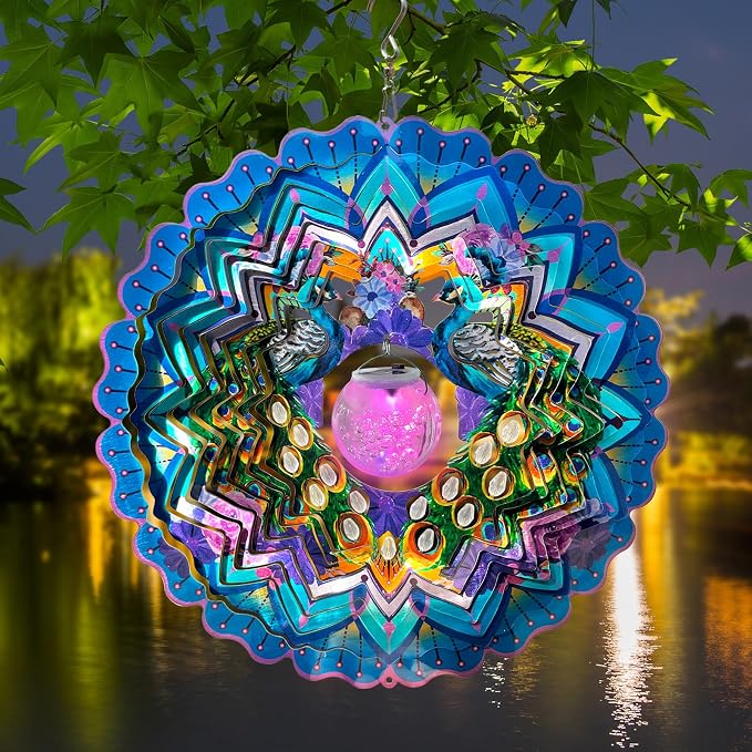 FONMY Solar Wind Spinner Mandala Peacock Christmas Decoration Worth Gift 3D Stainless Steel Hanging Wind Spinners Indoor/Outdoor Garden Décor Kinetic Yard Art 12 Inches Multi Blue Wind Sculpture