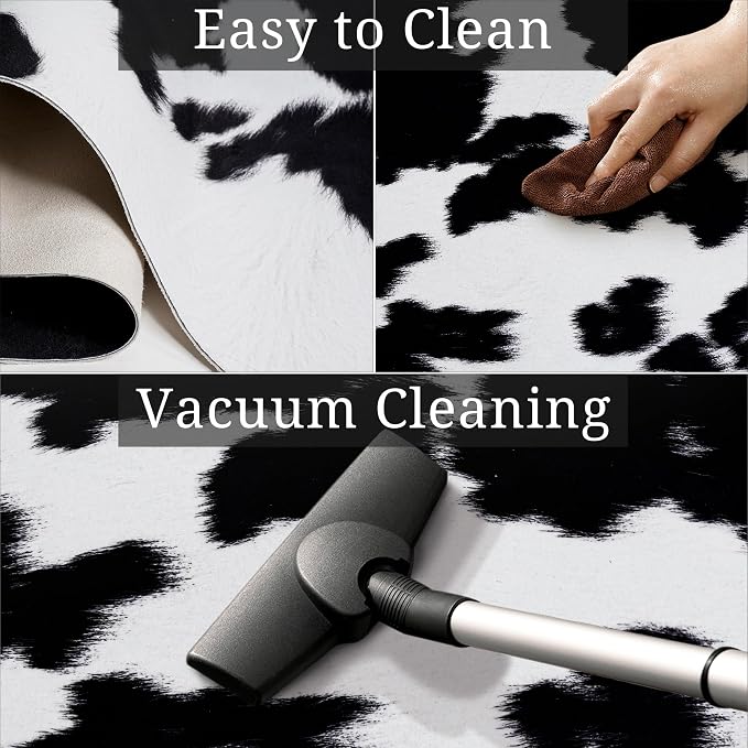 Black Cowhide Rug 5.2x6.2 ft Cow Hide Rug Washable Area Rug Wall Decor | Cow Print Rug Western Rugs for Bedroom Living Room Dining Room Decor Animal Print Carpets-No Fur