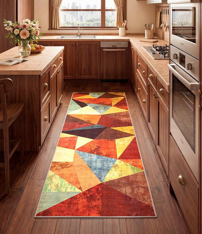 Brown Runner Rug 2x6 for Hallway,Geometric Burnt Orange Area Rug Non Slip,Farmhouse Rugs Washable,Vintage Burgundy Carpets, Boho Rug for Kitchen