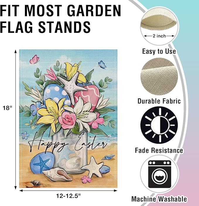 Artofy Happy Easter Beach Mason Jar Small Decorative Garden Flag, Coastal Lily Flower Easter Eggs Yard Lawn Outside Decor, Spring Nautical Starfish Burlap Outdoor Home Decoration Double Sided 12 x 18