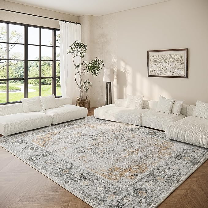 6x9 Area Rugs for Living Room: Washable Bedroom Rug Non Slip Low Pile Soft Faux Wool Non Shedding Distressed Vintage Boho Large Carpet for Dining Room Kitchen Nursery Under Table Farmhouse Home Office