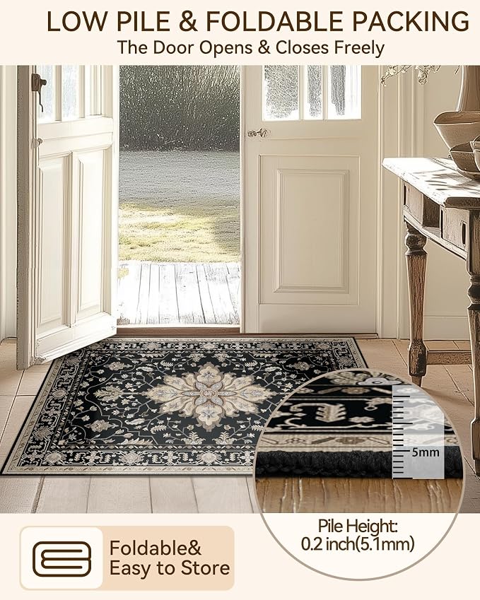 RELEANY Washable Area Rug, Runner 2'x8', Black/Neutral | Non-Slip, Water Repellent, Pet Friendly, Easy to Clean, Vintage Floral Boho Decor for Kitchen Hallway Bedroom Laundry