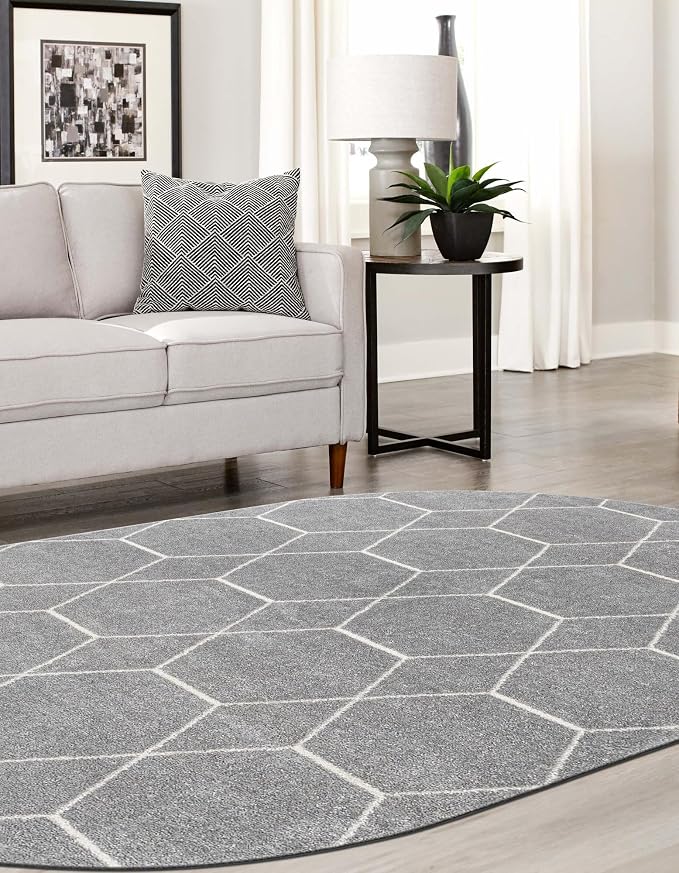 Unique Loom Trellis Frieze Collection Area Rug - Geometric (4' x 6' Oval, Light Gray/ Ivory)