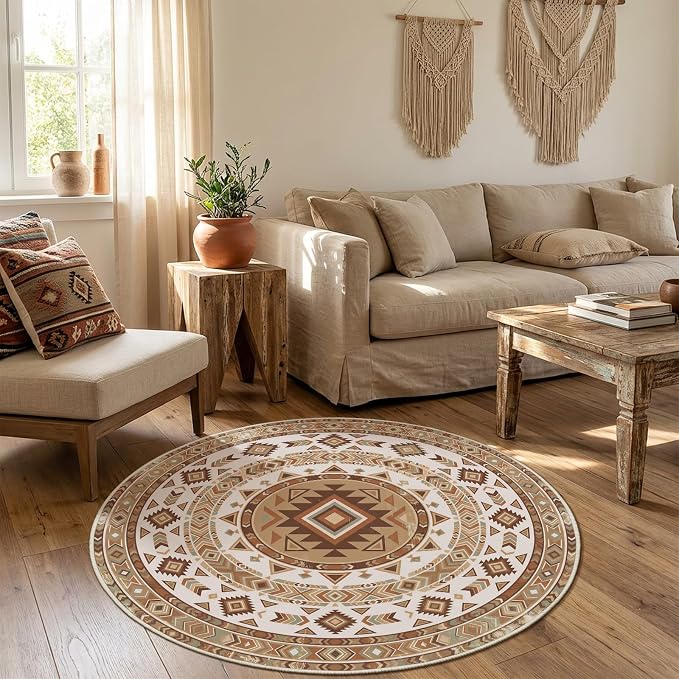 3ft Round Southwestern Rug, Geometric Tribal Pattern, Non-Slip Mat | Stain-resistant and machine-washable design for easy care, complemented by reinforced edges for lasting durability.
