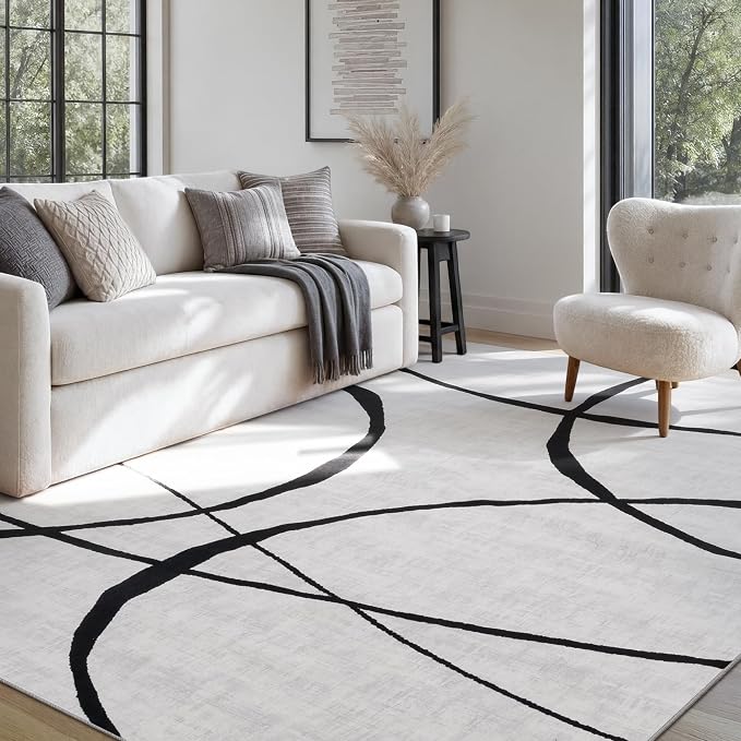 6x9 Washable Modern Abstract Black White Area Rug | Ultra-Thin Low Pile, Non-Slip TPE Backing, Soft Stain Resistant, Machine Washable, for Bedroom Livingroom High Traffic