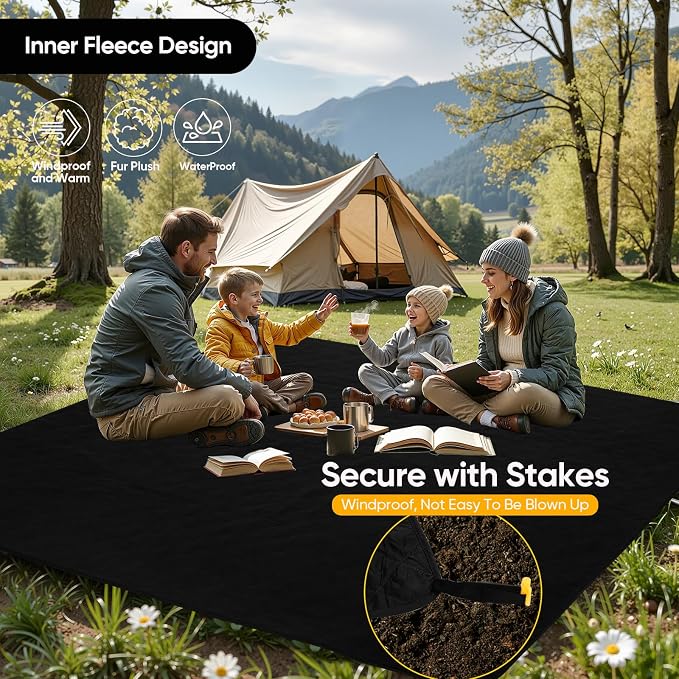 Waterproof Camping Blanket w/Fleece Lining, Large Stadium Blankets for Outdoor Cold Weather, Windproof Emergency Throw, LightWeight and Warm for Hiking, Dog, Picnic, Washable, 55”X 82” (Black, 1PCS)