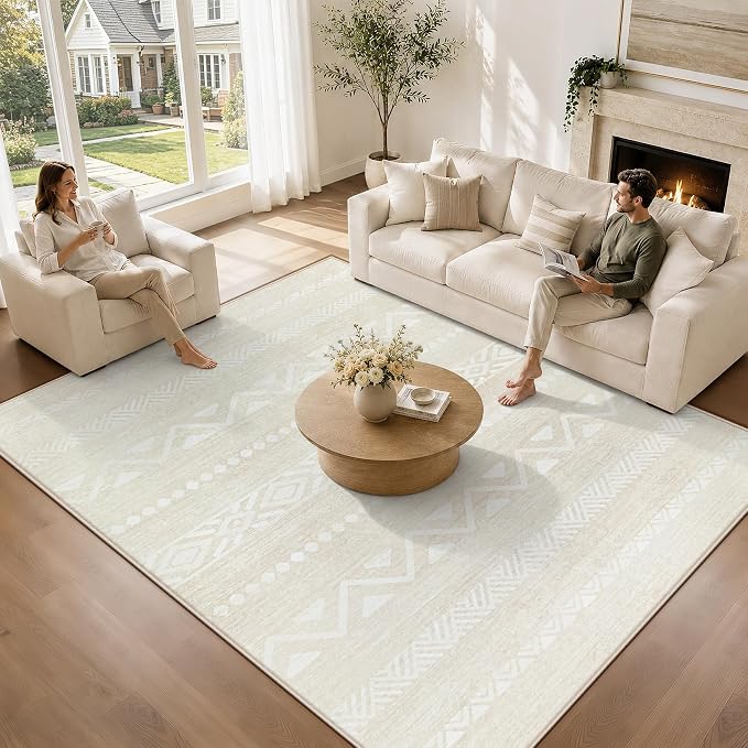 Zomfy Washable Rug 6x9 Area Rugs for Living Room(Beige, 6'x9') | Geometric Boho Modern Rugs Neutral Non Slip Soft Carpet Low Pile No Shedding Print Rug for Bedroom Dining Room Home Office