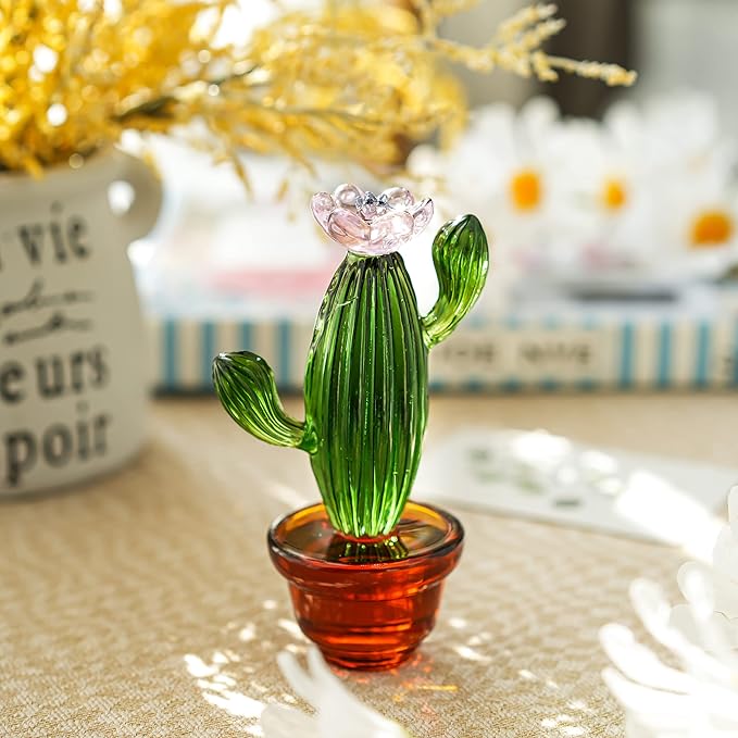 6pcs Hand-Blown Glass Ornaments Hanging Glass Gazing Balls and 4.3inch Handmade Blown Glass Art Cactus Figurine