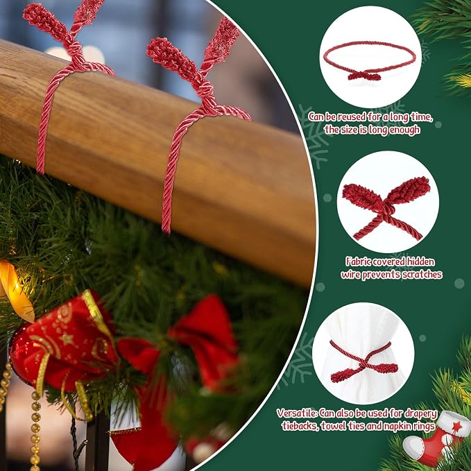 Zhengmy 24 Pcs Christmas Garland Ties Extra Long 30'' 25'' 20'' Red Decorative Twist Tie for Banister Reusable Flexible Twist Tie for Garland Stairway Railing Home Xmas Holiday Decor