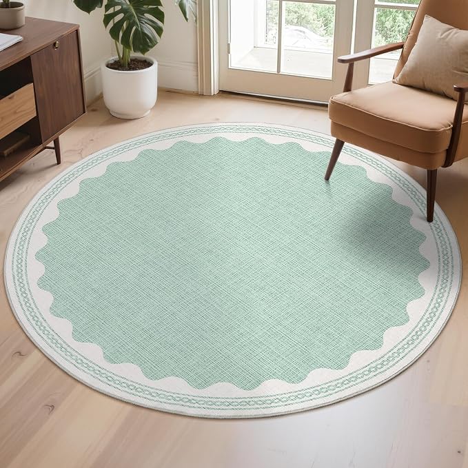 4ft Scalloped Round Rug Green Washable Living Room Bedroom Area Rug | Small Solid Rug for Bedroom Girls, Non Slip Scalloped Round Bath Mat, Soft Dorm Nursery Carpet for Bedside