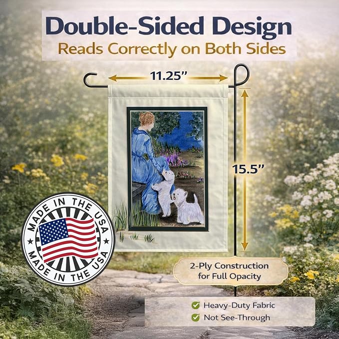 Caroline's Treasures SS8021GF Lady with her Westie Garden Flag Mailbox Flag Decorative Yard Flag Banner Outside Patio Artwork Yard Flower Beds, Garden Size, Multicolor