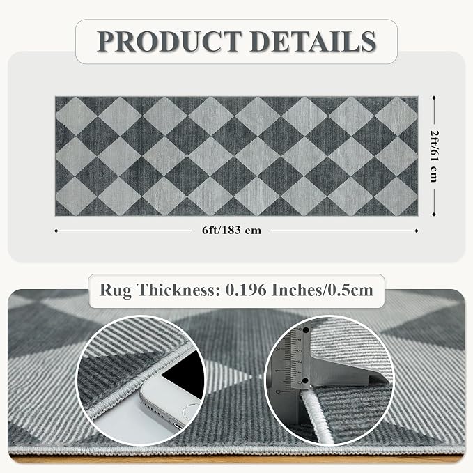 Beeiva Checkered Print Hallway Rug 2x6, Ultra Thin Kitchen Rug Runner Non Slip Washable Carpet Runners for Hallway 6ft, Modern Diamond Stain Resistant Floor Carpet for Bathroom Bedroom Entryway