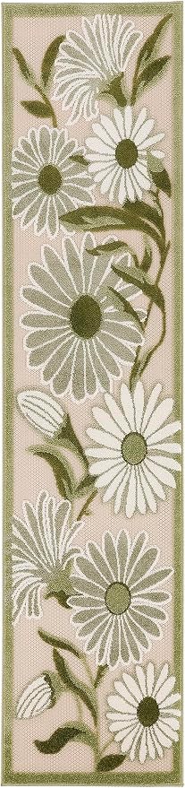 Nourison Home Aloha Ivory Green 2' x 6' Area Rug - Easy Clean, Non Shedding, Bed Room, Living Room, Dining Room, Kitchen (6' Runner)