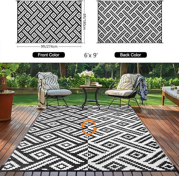 Outdoor Patio Plastic Straw Rug - 6x9 ft Outdoor Camping Rug Waterproof Reversible, Area Carpet Patios RV, Outside Porch Balcony Deck for Camper, Moden Black White