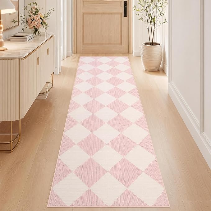 GarveeHome Checkered Long Hallway Runner Rug 2.5x10 Pink Kitchen Rug | Non Slip Soft Diamond Print Entryway Rug Thin Laundry Mat Stain Resistant Carpet for Bedroom Bathroom Beside