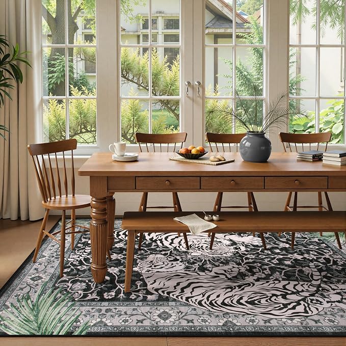 Moynesa Tiger 5x7 Area Rugs, Boho Washable Rugs for Living Room, Vintage Soft Dining Room Rug, Non Slip Ultra Thin Stain Resistant Large Floor Carpet for Office Bedroom, Black