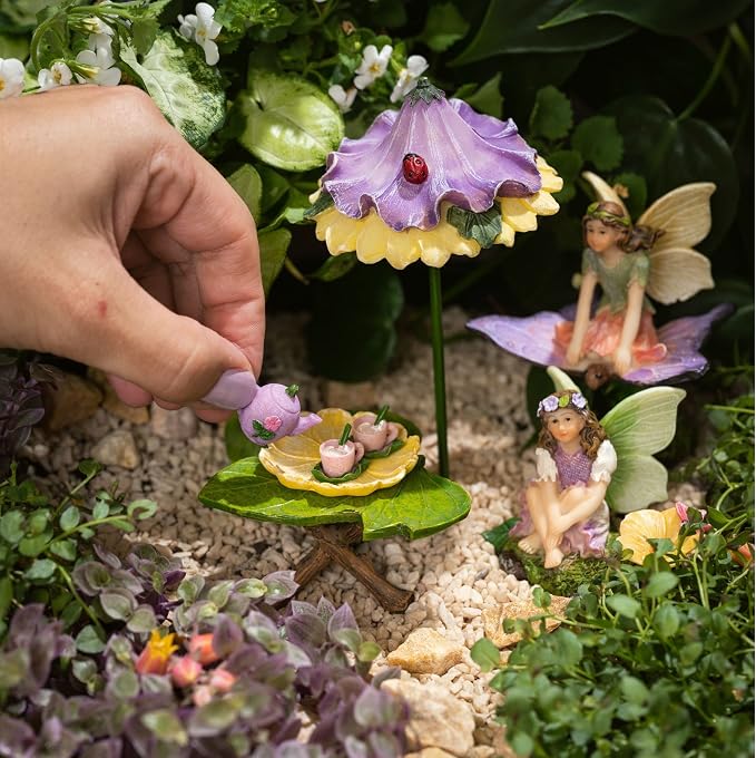 PRETMANNS Fairy Garden Accessories Kit - Adorable Fairies for Fairy Garden Outdoor, Miniature Fairy Figurines with Furniture Set, Fairy Garden Supplies for Indoor Outdoor Décor