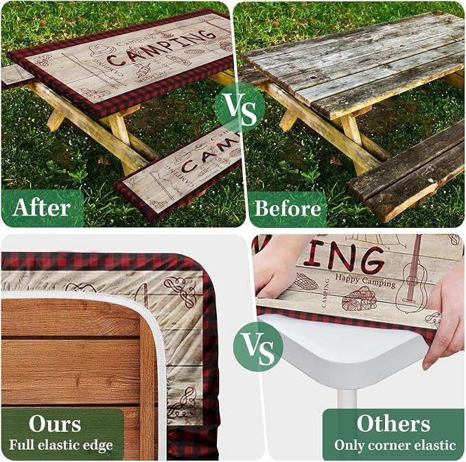 Picnic Table Cover with Bench Covers Elastic Edges, Red Plaid Fitted Table Cover, Outdoor Patio Camping Essentials 72 Inch 3PCS, Waterproof Camping Fitted Tablecloth with Drawstring Bag