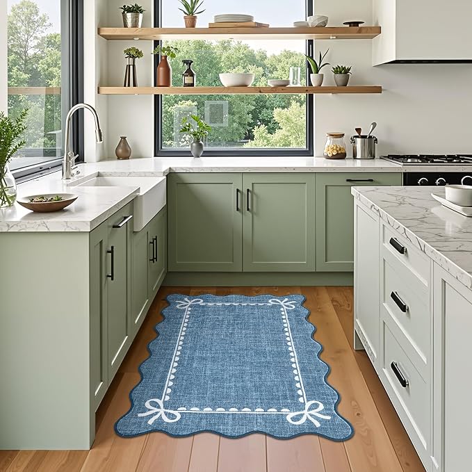 GarveeHome Scalloped Entryway Rug 2x3 Washable Bow Rug, Dark Blue | Non Slip Soft Low Pile Ultra-Thin Stain Resistant Indoor Carpet for Girls Dorm Nursery Bedroom Decor Hallway Kitchen Floor