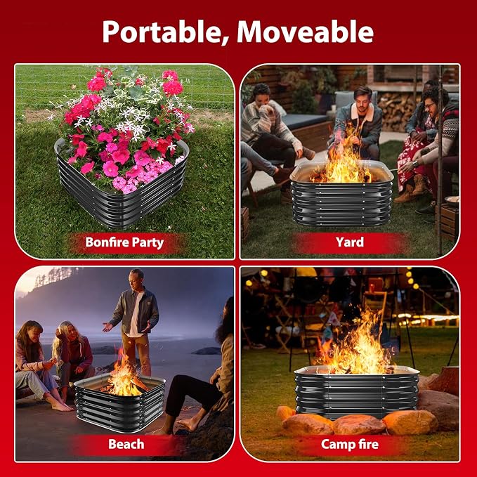 Height 16.5 Inch, Square Galvanized Steel Fire Pit for Outside, Heavy Duty Steel Fire Pit In-Ground for Backyard, Camping, Bonfire, Flower Raised Garden Bed for Garden (2.3x2.3x1.5ft)