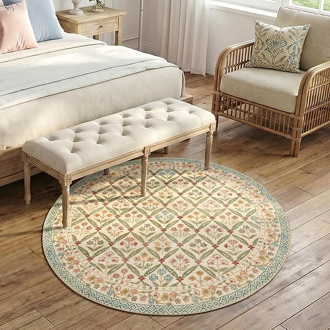 jinchan Round Rug 5ft Vintage Floral Washable Circle Area Rug, Teal Blue | Soft & Lightweight, Checkered Floral, Low Pile, Non Slip, Bedroom, Living Room, Entryway, Girls Room, Reading Nook