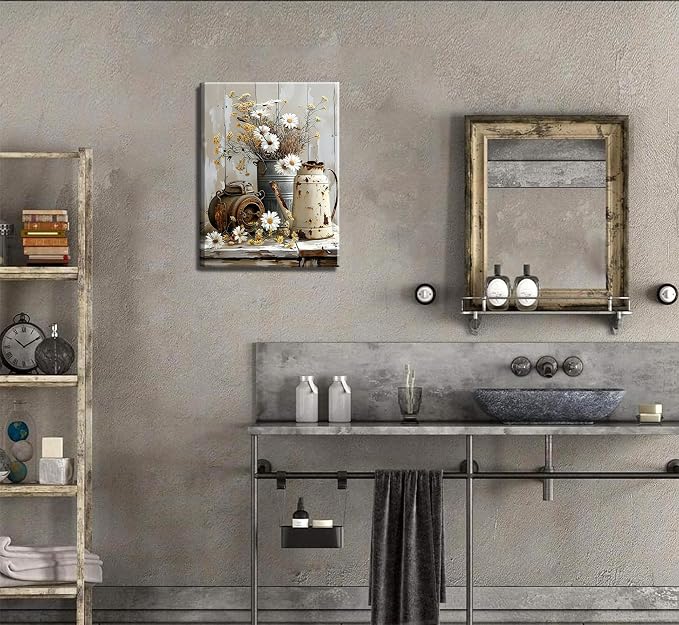Farmhouse Rustic Flower Bathroom Canvas Wall Art White Jasmine and Rust Color Watering Can Wall Decor Picture Vintage Daisy Floral Posters Print for Bathroom Toilet Washroom Lavatory Home Decoration