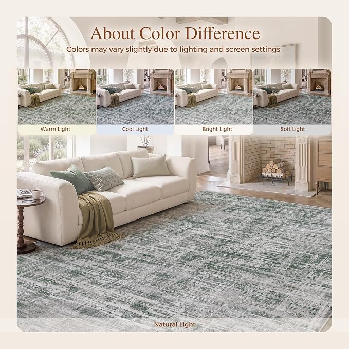 UERMEI 10x14 Area Rug for Living Room Washable Abstract Grey/Green Carpet | Low Pile Non-Slip Soft Neutral Modern Kid Pet Friendly Large Rugs For Bedroom Dining Room Nursery Office Indoor Decor