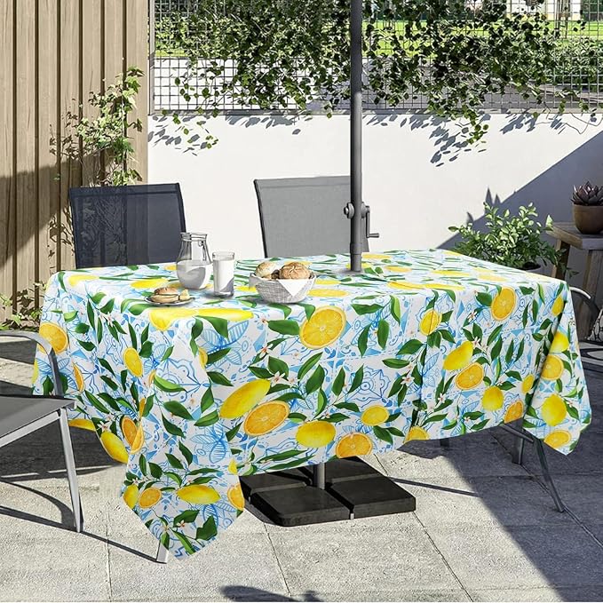 Outdoor Tablecloth with Umbrella Hole and Zipper, Rectangle Patio Table Covers for Spring/Summer, Machine Washable Outdoor Picnic Table Cloth (Lemon, 60" × 102" Rectangular)