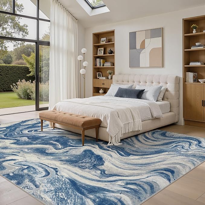 DMOYEST 6x9 Area Rug for Living Room Washable Abstract Indoor Carpet | Neutral Modern Low Pile Rugs Kid & Pet Friendly Soft Thin Carpet for Bedroom Dining Room and Office - Navy Blue
