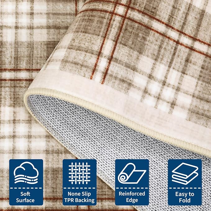GarveeHome Checkered 2x6 Runner Rug, Machine Washable Stain Resistant Rug with Non Slip Backing, Carpet with Low-Pile for Hallways Kitchen Entryway Bedroom Living Room Beige