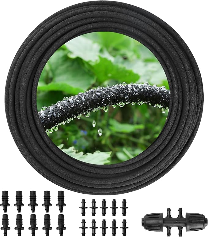 MIXC 80% Water-Saving Soaker Hose – 1/4" x 100 Ft Drip Irrigation Tubing for Garden, Lawn, Flower Beds & Vegetable Rows, with 1/4" Drip Fittings
