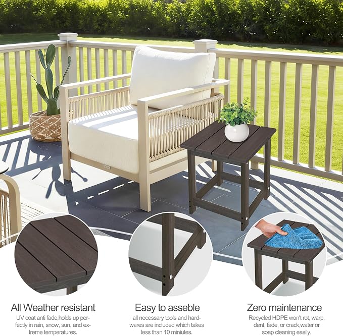 LZRS Patio Side Table, Heavy Duty HDPE Outdoor End Table with Wood Texture, Weatherproof Composite Table for Adirondack Chairs, Deck, Pool, Indoor/Outdoor, No Peeling or Cracking(Brown Mixture)