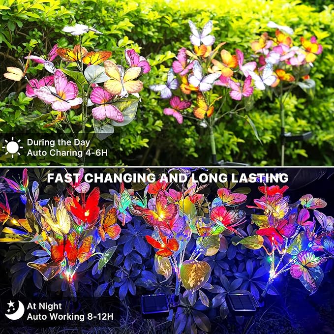 Adecorty Solar Garden Lights Outdoor Waterproof Decorative Solar Lights Outdoor 2 Pack with 44 LED 34 Butterfly Flower Garden Decor Yard Patio Lawn, Gifts for Mother's Day Mom Women